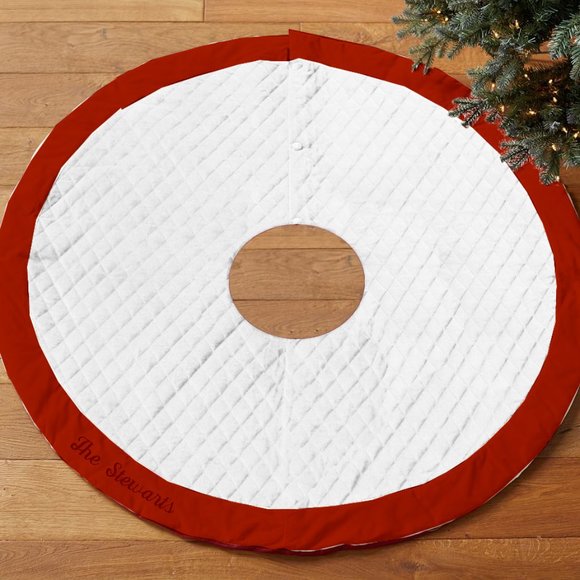New-White Velvet Quilted Christmas Tree Skirt-Red Cuff-Free Personalization - Picture 3 of 4